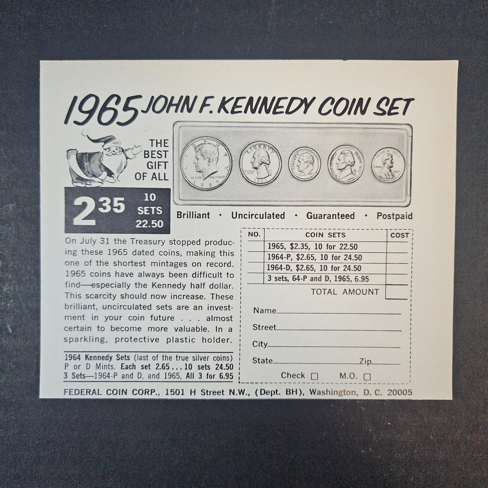 1966 Federal Coin Corp 1965 John F Kennedy Set Vintage Print Ad Washinton DC